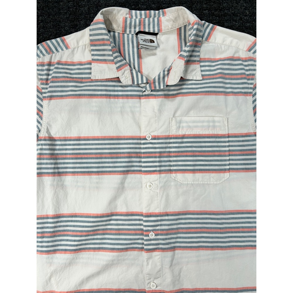 The North Face Mens Lrg Short Sleeve Button Down Striped Shirt Blue Coral White